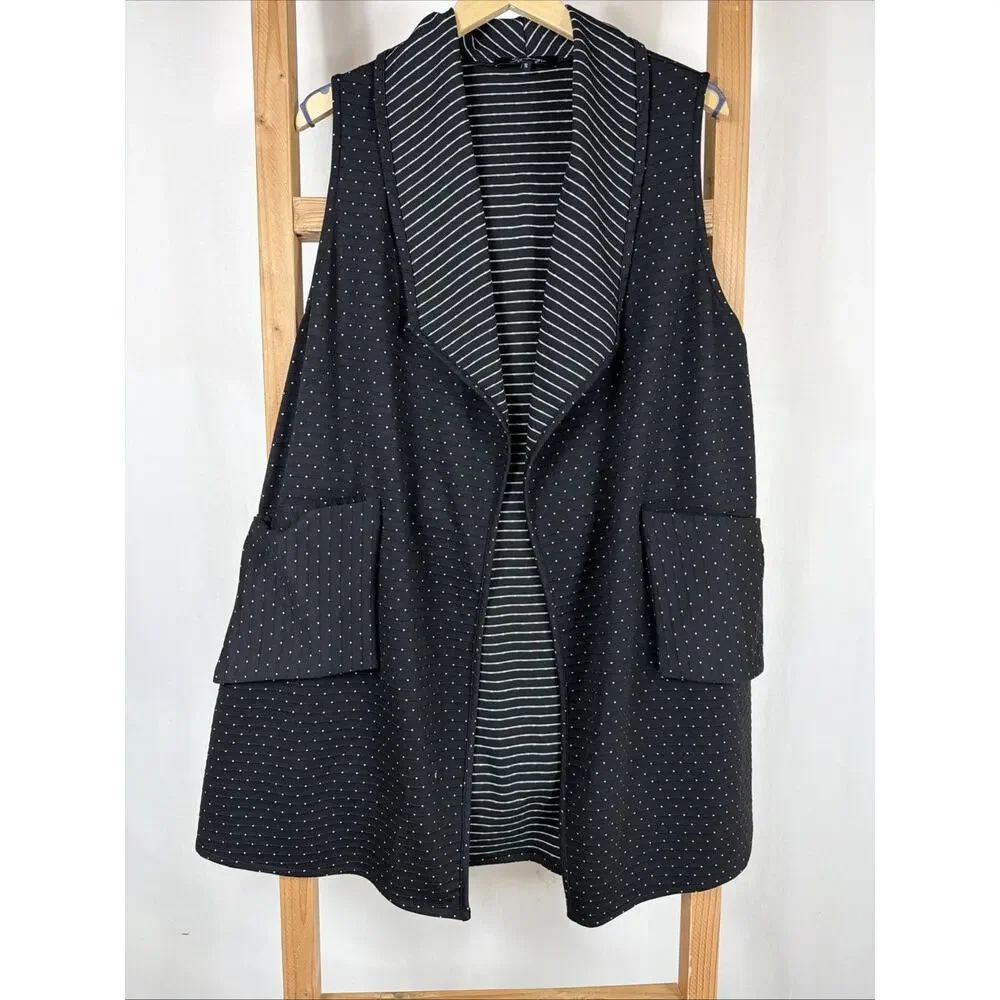 NWT Sydney Black White Pattern Sleeveless Pockets Open Duster Vest #1143 Size S - Picture 1 of 4